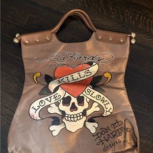 Ed Hardy Brown Tote with Skull Design